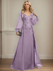 A-Line V-Neck Long Sleeves Floor-Length Chiffon Mother Of The Bride Dresses With Lace