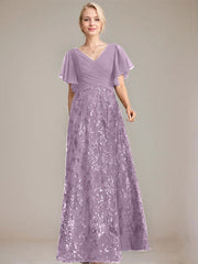 A-line V-Neck Floor-Length Lace Sequin Chiffon Mother of the Bride Dress With Pleated