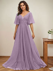 A-line V-Neck Floor-Length Chiffon Mother of the Bride Dress With Sequins Appliques Lace Pleated