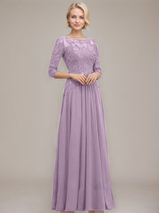 A-line Boat Neck Illusion Floor-Length Chiffon Lace Mother of the Bride Dress With Sequins Beading