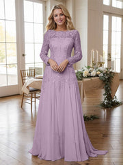 A-line Bateau Long Sleeves Appliques Lace Sweep Train Chiffon Mother of the Bride Dres