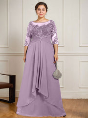 A-line Scoop Illusion Floor-Length Lace Chiffon Mother of the Bride Dress With Cascading Ruffles