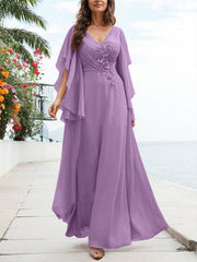 A-Line V-Neck Floor-Length Chiffon Mother Of The Bride Dresses With Appliques Lace