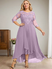 A-line Scoop Illusion Asymmetrical Lace Chiffon Mother of the Bride Dress With Cascading Ruffles