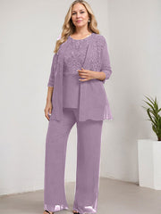 Separates Pantsuit Scoop Floor-Length Lace Chiffon Mother of the Bride Dress With Sequins