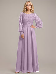 A-line Scoop Illusion Floor-Length Lace Chiffon Mother of the Bride Dress