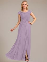 A-line Scoop Floor-Length Mesh Mother of the Bride Dress With Pleated Beading