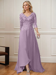 A-Line V-Neck 3/4 Sleeves Chiffon Mother Of The Bride Dresses With Lace