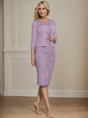 Sheath/Column Scoop Knee-Length Chiffon Lace Mother of the Bride Dress With Beading