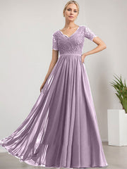 A-line V-Neck Floor-Length Lace Chiffon Mother of the Bride Dress