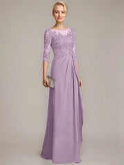 A-line Scoop Illusion Floor-Length Chiffon Lace Mother of the Bride Dress With Beading Sequins Cascading Ruffles