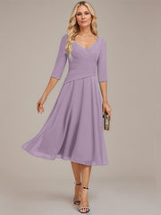 A-line V-Neck Tea-Length Chiffon Mother of the Bride Dress With Pleated