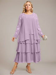 A-line Scoop Tea-Length Chiffon Mother of the Bride Dress With Cascading Ruffles