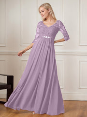 A-Line Floor-Length V-Neck Lace Chiffon Mother of the Bride Dress