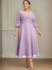 A-line V-Neck Tea-Length Chiffon Mother of the Bride Dress With Pleated