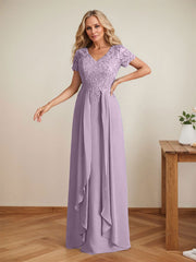 Elegant A-Line Chiffon V-neck Mother of the Brides Dresses Lace Top MOB Dresses