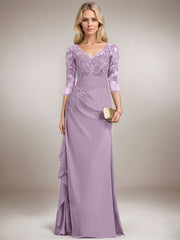A-line V-Neck Floor-Length Lace Chiffon Mother of the Bride Dress With Cascading Ruffles