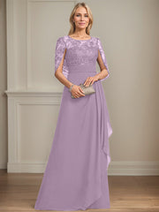 A-line Scoop Illusion Floor-Length Lace Chiffon Mother of the Bride Dress With Cascading Ruffles Sequins