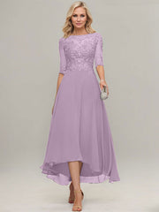 A-line Illusion Boat Neck Asymmetrical Chiffon Lace Mother of the Bride Dress With Sequins Beading