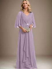 A-line V-Neck Floor-Length Chiffon Mother of the Bride Dress With Cascading Ruffles Crystal Brooch