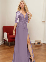 A-Line V-Neck 1/2 Sleeves Floor-Length Chiffon Mother Of The Bride Dresses With Lace