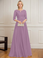 A-line Scoop Floor-Length Lace Chiffon Mother of the Bride Dress With Crystal Brooch Sequins