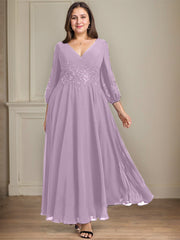 A-line V-Neck Ankle-Length Lace Chiffon Mother of the Bride Dress With Sequins