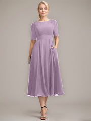 A-line Scoop Tea-Length Chiffon Mother of the Bride Dress With Appliques Lace Sequins