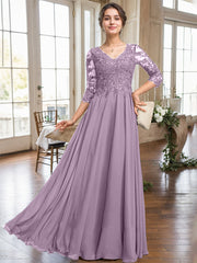 A-line V-Neck Floor-Length Lace Chiffon Mother of the Bride Dress With Sequins