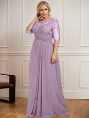 A-line Scoop Illusion Floor-Length Chiffon Lace Mother of the Bride Dress With Pleated Sequins Beading