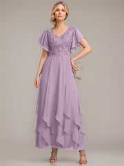 A-line V-Neck Ankle-Length Lace Chiffon Mother of the Bride Dress With Cascading Ruffles