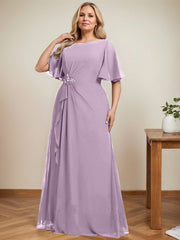 A-line Scoop Floor-Length Chiffon Mother of the Bride Dress With Cascading Ruffles Beading Sequins