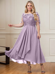 A-line Boat Neck Illusion Asymmetrical Lace Chiffon Mother of the Bride Dress With Cascading Ruffles Sequins