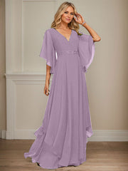 A-line V-Neck Floor-Length Chiffon Mother of the Bride Dress With Sequins Appliques Lace Beading