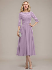 A-line Scoop Illusion Tea-Length Chiffon Lace Mother of the Bride Dress With Sequins Beading