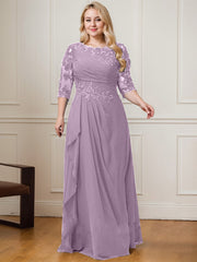 A-line Scoop Floor-Length Lace Chiffon Mother of the Bride Dress With Cascading Ruffles Sequins