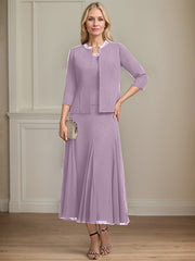 Separates A-line Scoop Tea-Length Chiffon Mother of the Bride Dress With Sequins Beading