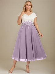 A-line V-Neck Tea-Length Satin Chiffon Mother of the Bride Dress With Appliques Lace