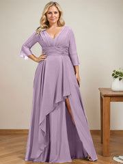 A-line V-Neck Floor-Length Chiffon Mother of the Bride Dress With Cascading Ruffles