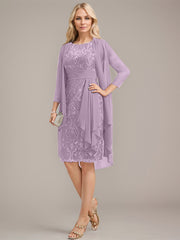 Sheath/Column Scoop Illusion Knee-Length Lace Chiffon Mother of the Bride Dress With Cascading Ruffles Sequins