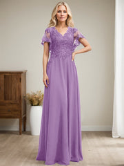 A-line V-Neck Floor-Length Lace Chiffon Mother of the Bride Dress With Sequins