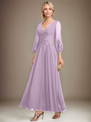 A-line V-Neck Ankle-Length Lace Chiffon Mother of the Bride Dress With Sequins