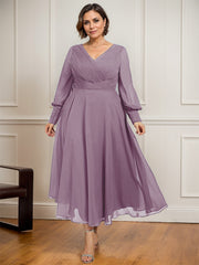 A-line V-Neck Tea-Length Chiffon Mother of the Bride Dress With Pleated