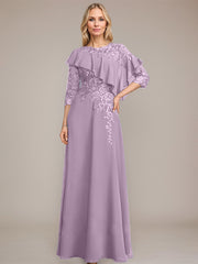A-line Scoop Illusion Floor-Length Chiffon Lace Mother of the Bride Dress With Ruffle Sequins Beading