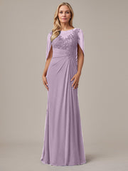 A-Line Floor-Length Boat-Neck Lace Capelet Chiffon Mother of the Bride Dress