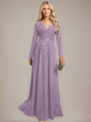 A-line V-Neck Floor-Length Stretch Crepe Evening Dress With Pleated Sequins Appliques Lace