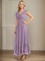 A-line V-Neck Ankle-Length Chiffon Mother of the Bride Dress With Bow Sequins Appliques Lace