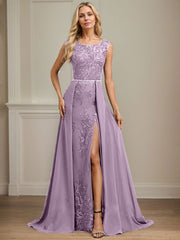 Sheath/Column Scoop Illusion Floor-Length Detachable Chiffon Lace Mother of the Bride Dress With Sequins Beading