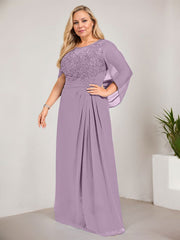 A-line Scoop Illusion Floor-Length Lace Chiffon Mother of the Bride Dress With Sequins Pleated