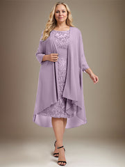 Sheath/Column Scoop Illusion Knee-Length Lace Chiffon Mother of the Bride Dress With Cascading Ruffles Sequins